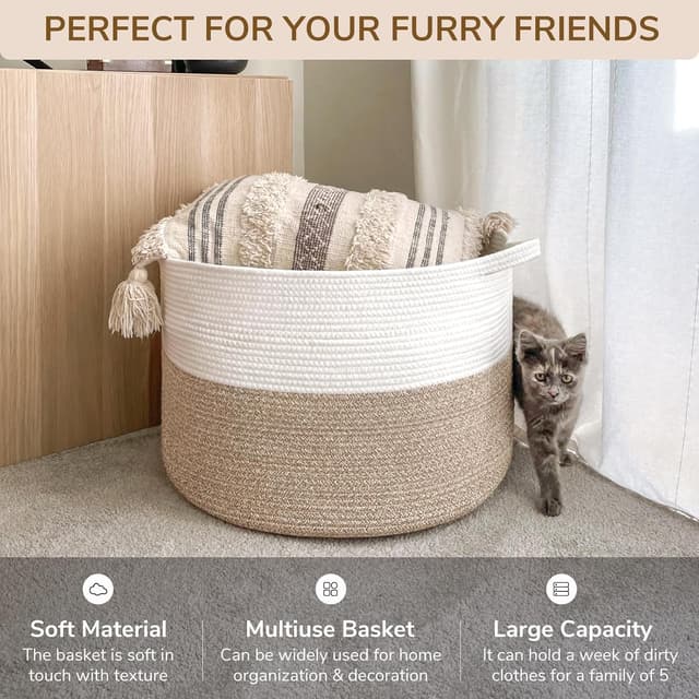 Detalle de TIMEYARD Aufbewahrungskorb Kinderzimmer – großer Wäschekorb aus Baumwollgeflecht (55 x 55 x 35 cm), braun