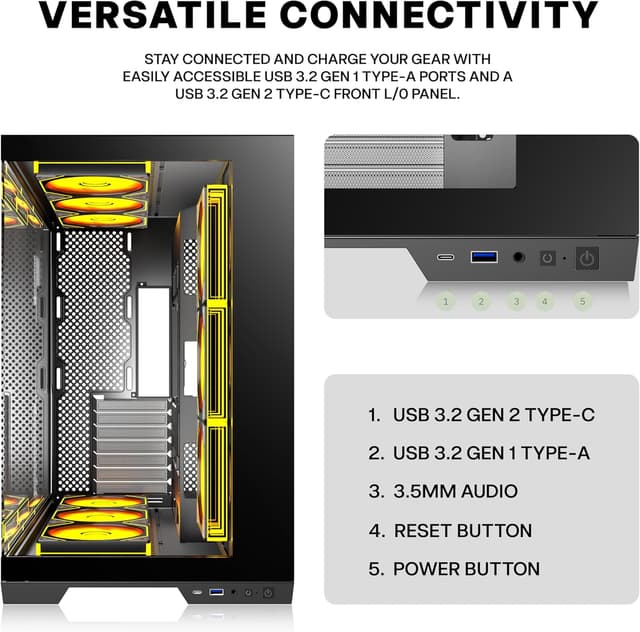 Detalle 2 de ANSAITE PC Case K9 with 9 PWM ARGB Pre-Installed Fans, Mid-Tower Tempered Glass (Type-C, 360mm/420mm Radiator Support)