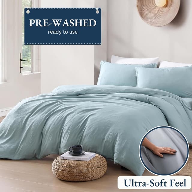 Detalle de Lane Linen King duvet cover set in French Blue (pre-washed soft microfiber polyester) with 2 pillow shams