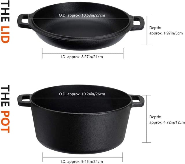 Detalle de Overmont Dutch Oven aus Gusseisen – einsatzfertig eingebrannt, Deckel als Bratpfanne (27 cm) für Küche, Camping & Grill