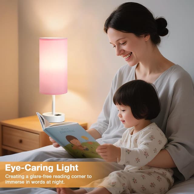 Detalle 2 de Aooshine Pink Bedside Lamps with Touch Control and USB-C + USB-A Charging Ports (White Base, Bulb Included)