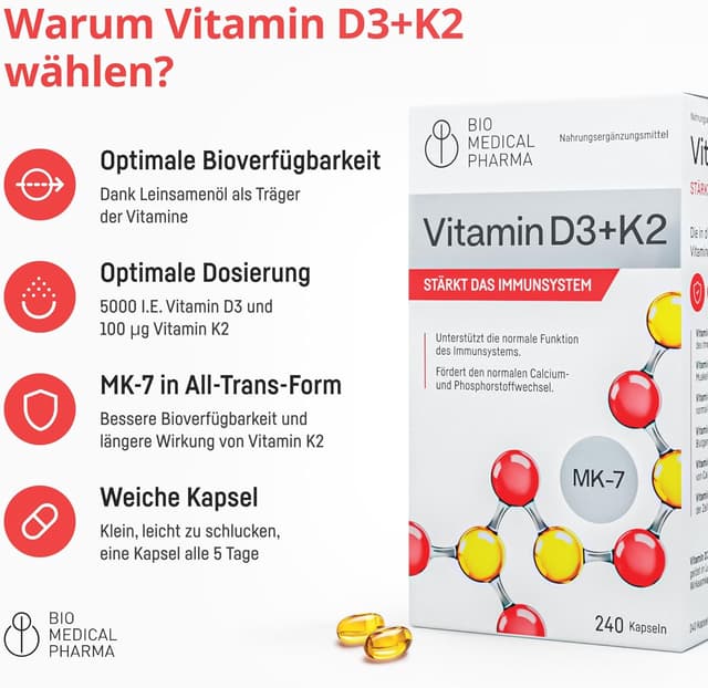 Detalle de Vitamin D3 K2 Hochdosiert 5000 IE + 100 µg K2 MK-7 (All-Trans) – 240 Softgel-Kapseln