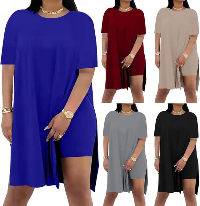 Detalle de AXOSY Women Plus Size 2-Piece Short-Sleeve Tunic Top & Skinny Biker Shorts Set