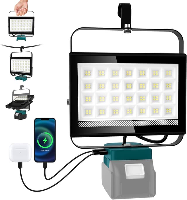 Detalle de NATPOW Cordless LED Work Light for Makita 18V batteries – 6500LM flood light with USB & Type C charging