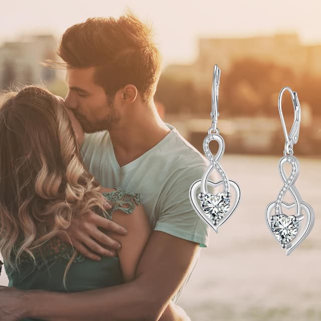 Detalle de J.MUEN Ohrringe Infinity mit Herz, Silber 925 – lange hängende Schmuck-Ohrringe als Geschenk