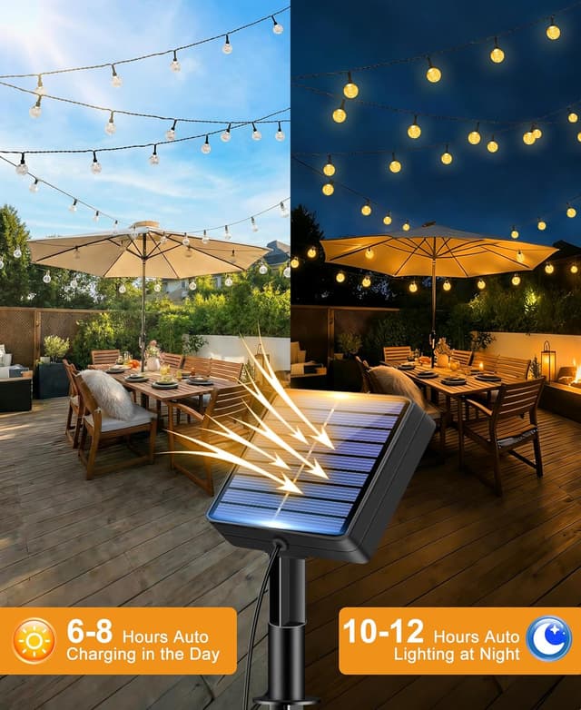 Detalle 2 de btfarm 15 m Solar-Lichterkette mit 50 LED (Kristallkugeln) für außen – 8 Modi, warmweiß, IP65