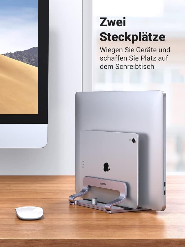 Detalle de UGREEN Aluminium vertikaler Laptop-Ständer mit 2 Slots – platzsparende Halterung für MacBook, iPad & mehr