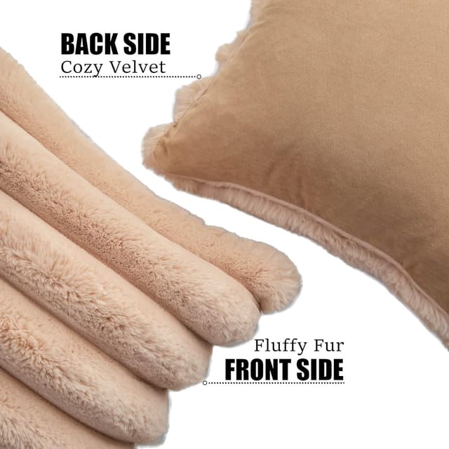 Detalle 2 de Neelvin 2er-Set Plüsch-Kissenhüllen aus Kunstpelz (gestreift, Kamel, 60 x 60 cm)