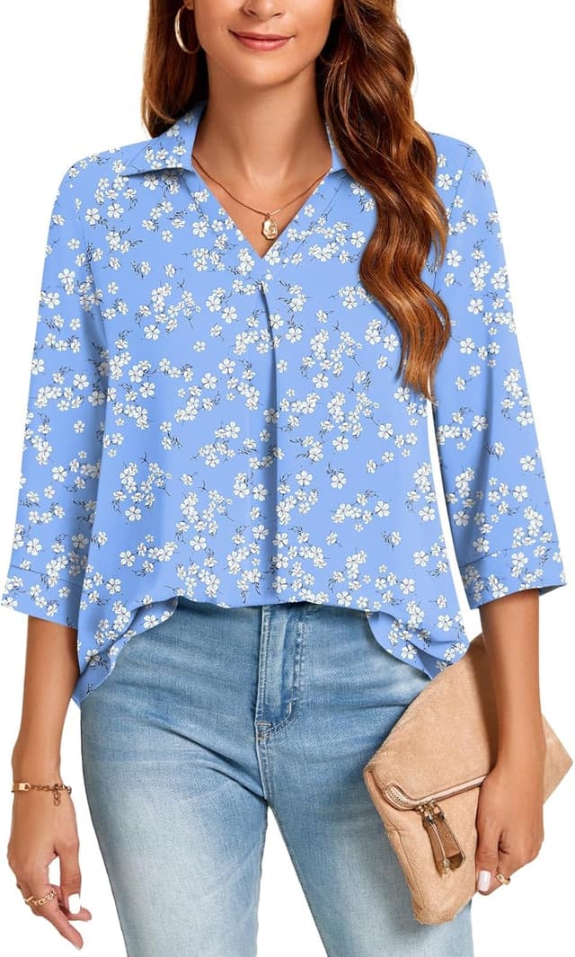 Detalle 2 de Aodemo Women’s Summer Collared V-Neck Chiffon Pleated Blouse (3/4 Sleeve)