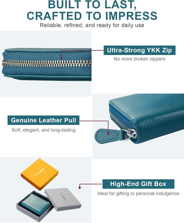 Detalle de Jexmigo RFID Blocking Genuine Leather Wallet for Women with 12 Card Slots and YKK Zip Coin Purse