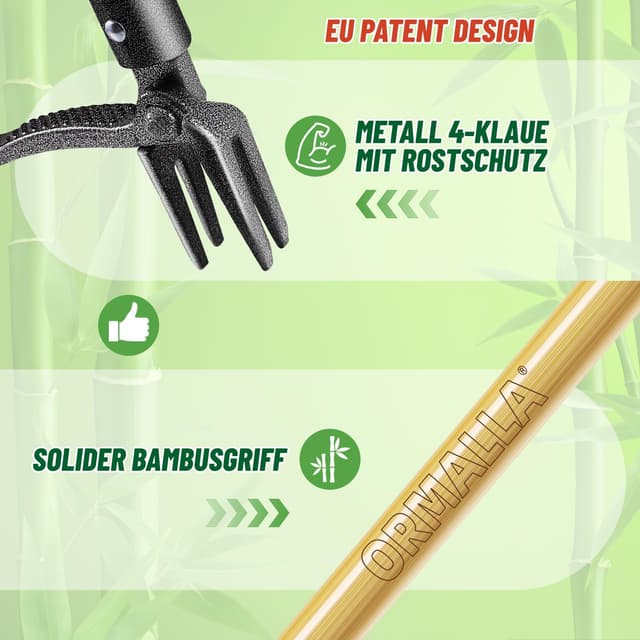 Detalle 2 de Ormalla Unkrautstecher mit 1,1 m Stiel – Löwenzahn-Entferner mit Bambusgriff und 4 Metallkrallen