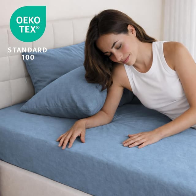 Thumbnail 6 de Dreamzie Drap housse 160 x 200 en coton jersey extensible avec bonnet 30 cm (Oeko-Tex) – Bleu