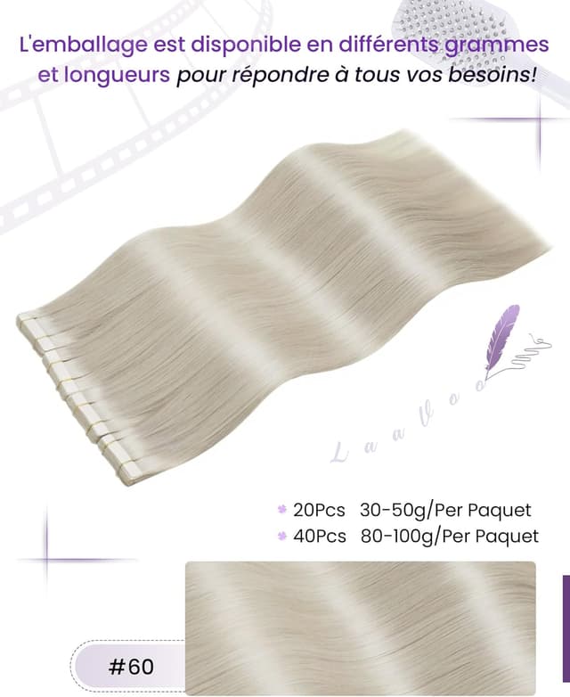 Detalle de LaaVoo Extensions cheveux adhésives platine (vrais cheveux humains) 20 mèches, 40 cm