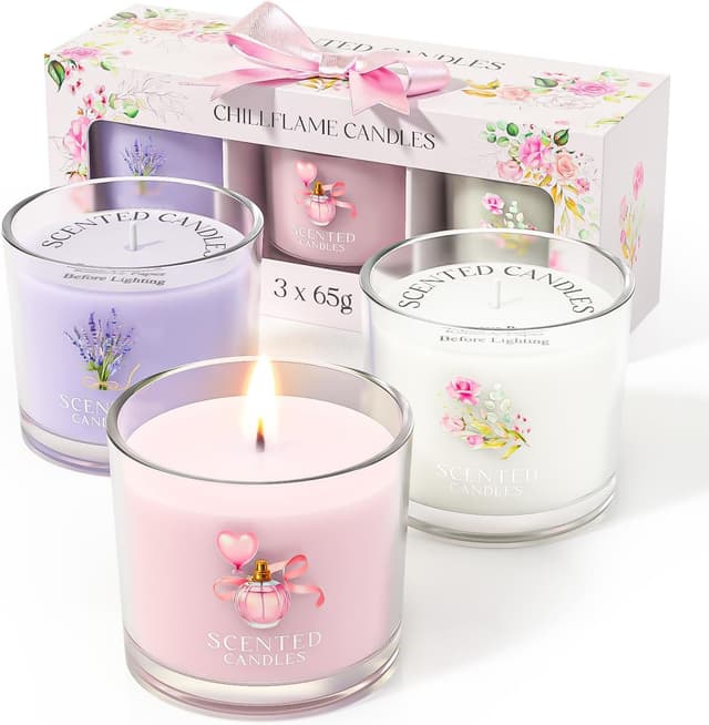 Detalle de CHILLFLAME Candle Set scented votive candles (3-pack) in Pink, Purple & White, 200g