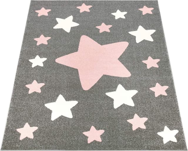 Detalle de Tapis d’enfant Paco Home rond étoiles gris et rose — 200 cm, 100% polypropylène