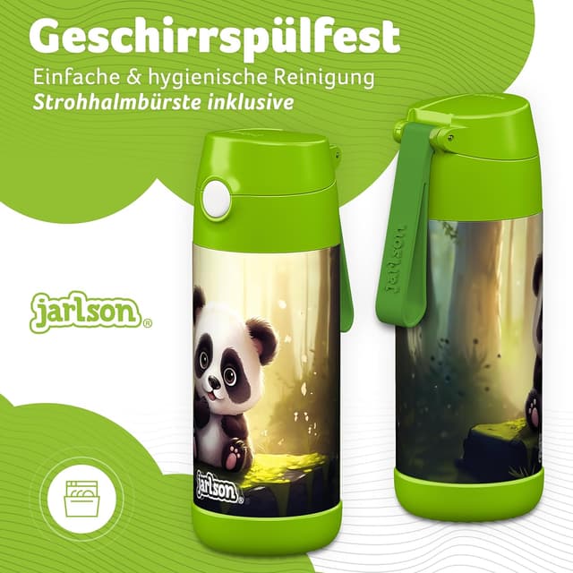 Detalle de Jarlson Kinder-Trinkflasche Charli (Edelstahl, 350 ml) mit Strohhalm – auslaufsicher