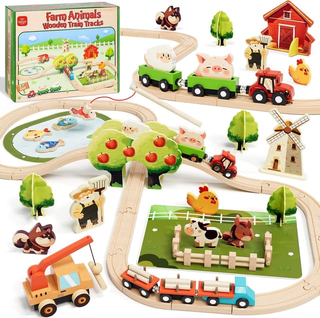 Detalle de Lehoo Castle Wooden Train Set (72 pcs) – Farm-themed magnetic crane wooden tracks for ages 3–6