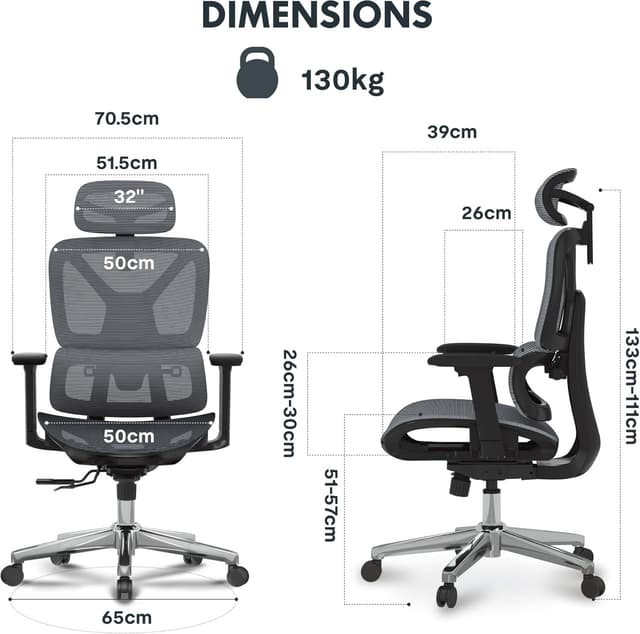 Detalle de FlexiSpot ErgoX chaise de bureau ergonomique grise, accoudoirs 3D et soutien lombaire indépendant