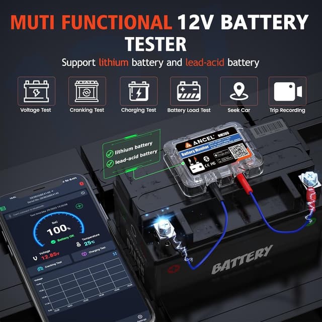 Detalle 2 de ANCEL BM200Blue Batterie- & Batteriewächter mit Bluetooth für 12V LiFePO4 sowie Blei-Säure (Start- und Ladesystem-Test)