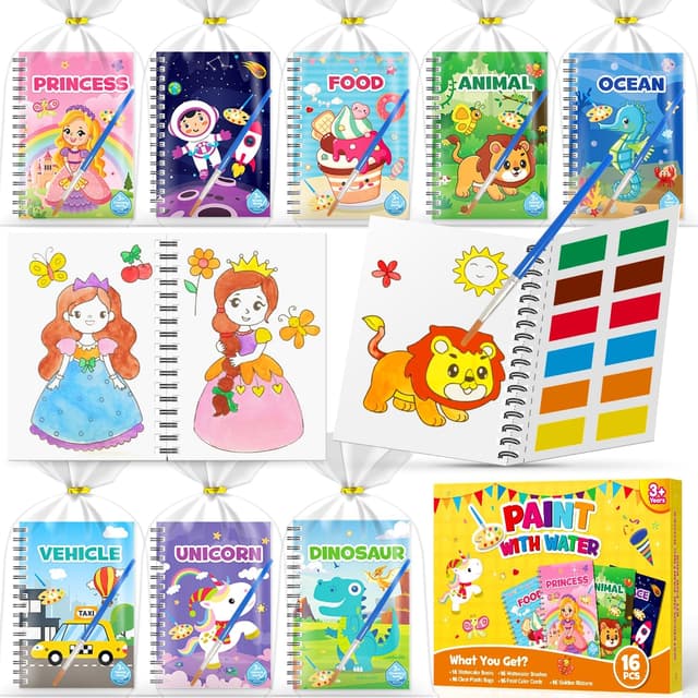 Detalle de LIKYMO Water Colouring Books (16 mini books) for kids aged 4–9 – party bag fillers and travel water painting fun