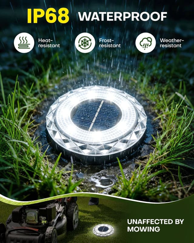 Detalle de 8 Pack Solar Ground Lights Outdoor – 8 LED Solar Disk Lights with 600mAh Battery, IP68 Waterproof (Bright White)