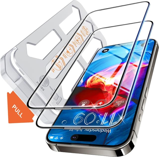 Detalle de Tentoki Tempered Glass Screen Protector for iPhone 16 / iPhone 15 (6.1-inch), 1:1 Full Coverage, 9H+ (2 Pack)