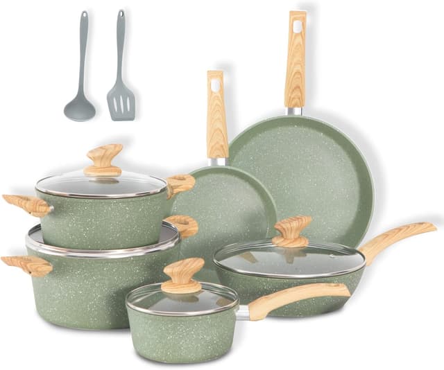 Detalle de DishDelight Induction Pots and Pans Set (Nonstick Granite, 12-Piece) in Green