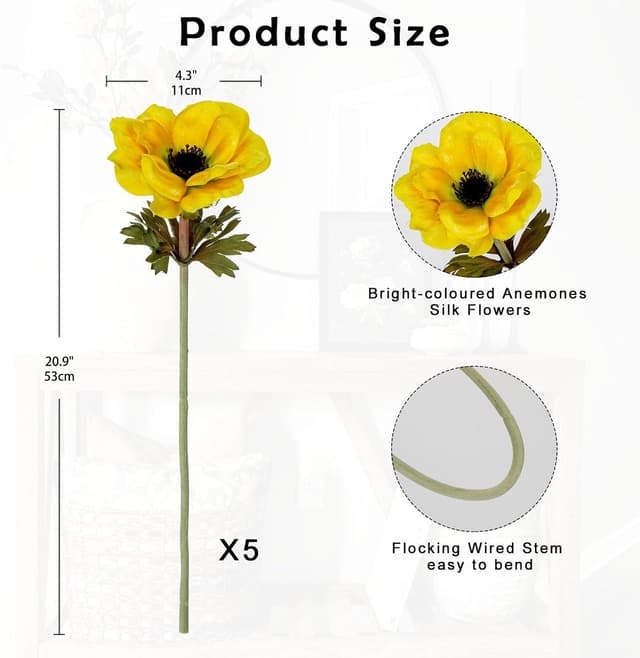 Detalle 2 de Briful 5er Set Anemonen Kunstblumen, 53 cm