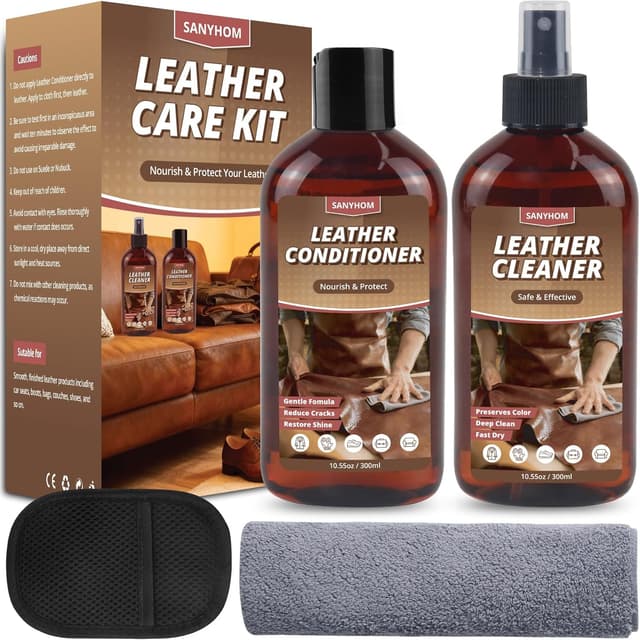 Detalle de SANYHOM Lederpflegeset mit Lederreiniger & Pflegemittel – inkl. Reinigungstuch-Handschuh, 2× 300 ml