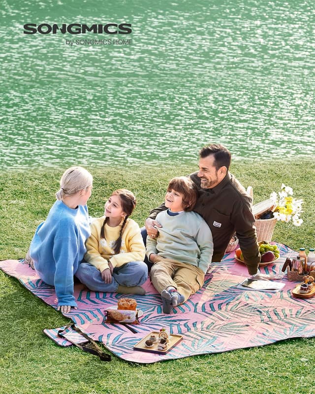 Detalle 2 de SONGMICS Couverture de pique-nique 200 x 200 cm GCM87KJ, motif fougère et rose