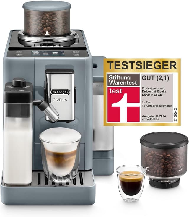 Detalle de De’Longhi Rivelia – Perfetto Kaffeevollautomat mit LatteCrema-Milchschaumsystem, 16 One-Touch-Getränken & austauschbaren Bohnenbehältern (Grau)