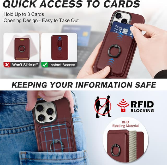 Detalle de SHIELDON Hülle für iPhone 15 Pro (6,1") mit Kartenhalter aus Echtleder – 2-in-1 mit Ring und kabellosem Laden, Weinrot