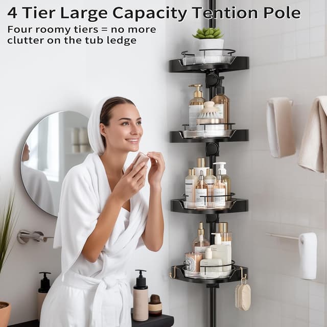 Detalle de shuang qing 360° Rotating Corner Shower Caddy Tension Pole Organizer (4-Tier Adjustable, Black)