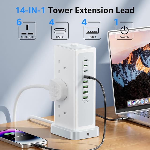 Detalle 2 de Tower Extension Lead with USB Slots 6 Way 13A 3250W