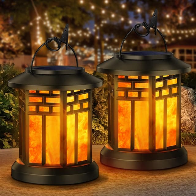 Detalle de KALAHOL 2-Pack Solar Lanterns Outdoor Garden – Hanging LED flame effect, IP65 waterproof (Grid style)