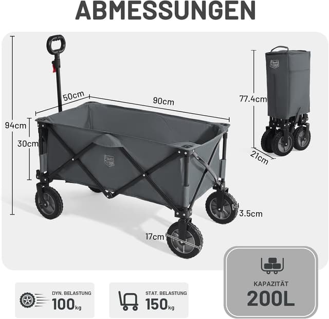 Detalle de TIMBER RIDGE XXL faltbarer Bollerwagen mit Seitentasche, Getränkehalter und verstellbarem Griff