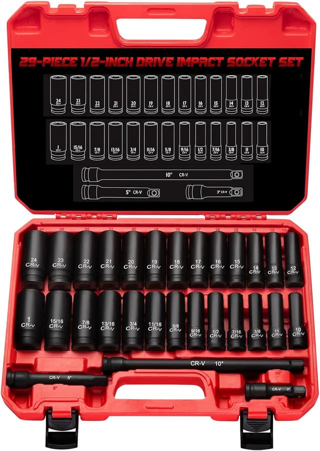 Detalle de 1/2" Drive Impact Socket Set (29-Piece) — Cr-V-M Steel Deep Sockets, SAE & Metric, With Extension Bar and Storage Case