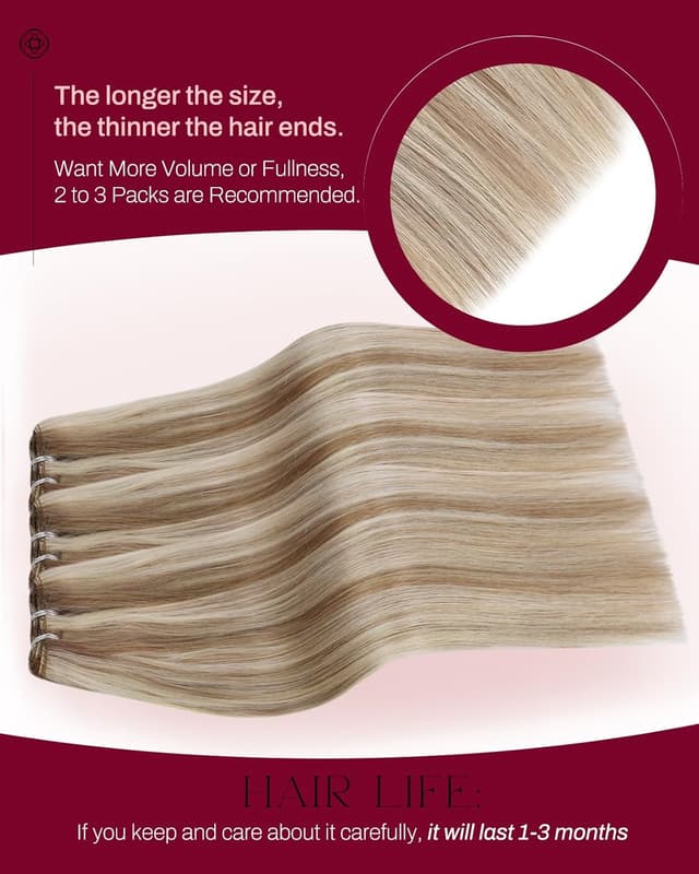 Detalle de Moresoo Blonde Highlight Sew-In Weft Human Hair Extensions (Silk Straight), Light Brown with Blonde, 22-inch 140g