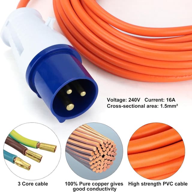 Detalle 2 de 10m Caravan Hook Up Cable (240V 16A) with 3-Pin Fly Lead Converter and Carrying Bag