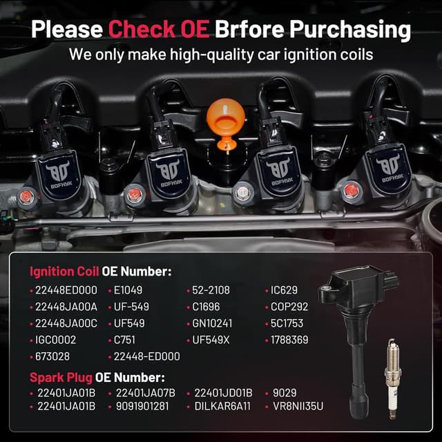 Detalle de BDFHYK UF549 Ignition Coil Pack + Iridium Spark Plug 9029 Set of 4 for Select Nissan Models (2008–2021)