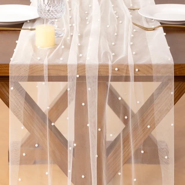 Detalle 2 de Socomi Pearl Tulle Table Runner Gauze (Ivory White) 29" x 120" for Easter, Weddings & Parties