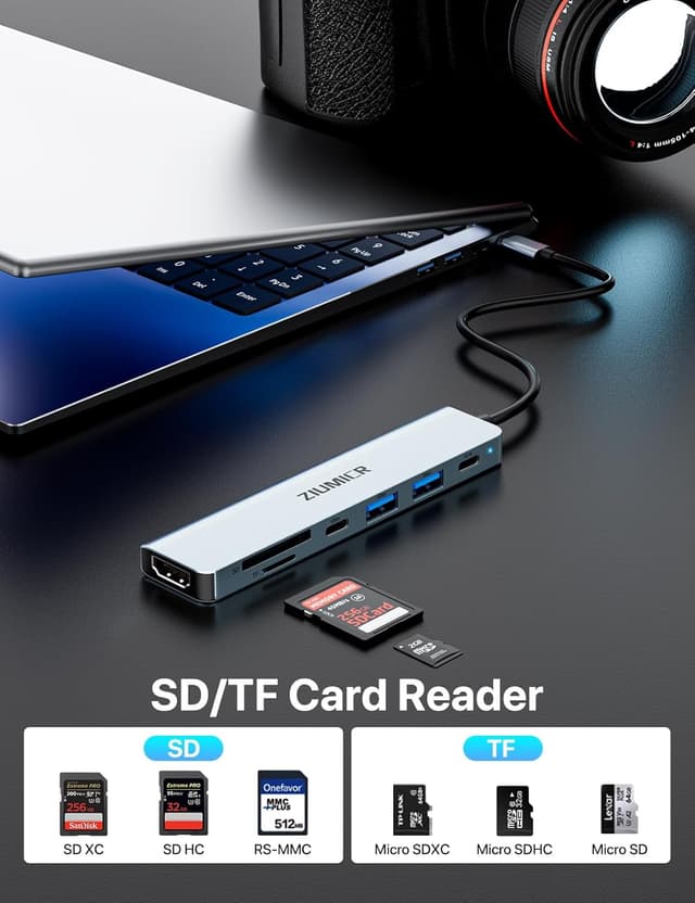 Detalle 2 de ZIUMIER USB-C Hub 7-in-1 mit HDMI 4K@60 Hz, USB-A 3.1, SD-/microSD-Slot und PD 100 W