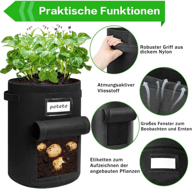 Detalle de Airminti 3er-Set Kartoffel Pflanzsack 38 l (10 Gallonen) inkl. Arbeitsmatte, Pflanzschilder & Erntefenster – Vliesstoff in Schwarz