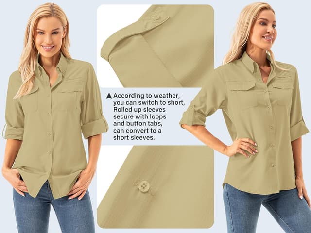 Detalle 2 de Womens UPF 50+ UV Sun Protection Safari Long Sleeve Shirt for Fishing, Hiking, Gardening