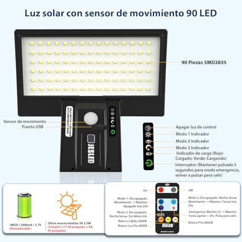 Detalle 2 de JESLED Luz Solar Exterior con sensor de movimiento y mando, 90 LEDs IP65 (2 unidades)