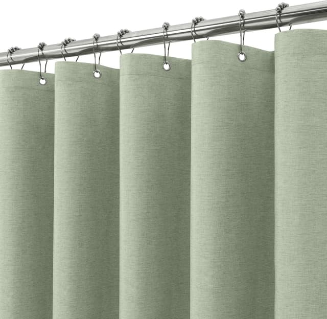 Detalle de Rideau de douche en lin polyester VANZAVANZU avec anneaux métalliques imperméable anti-moisissures, vert sauge 152x214 cm