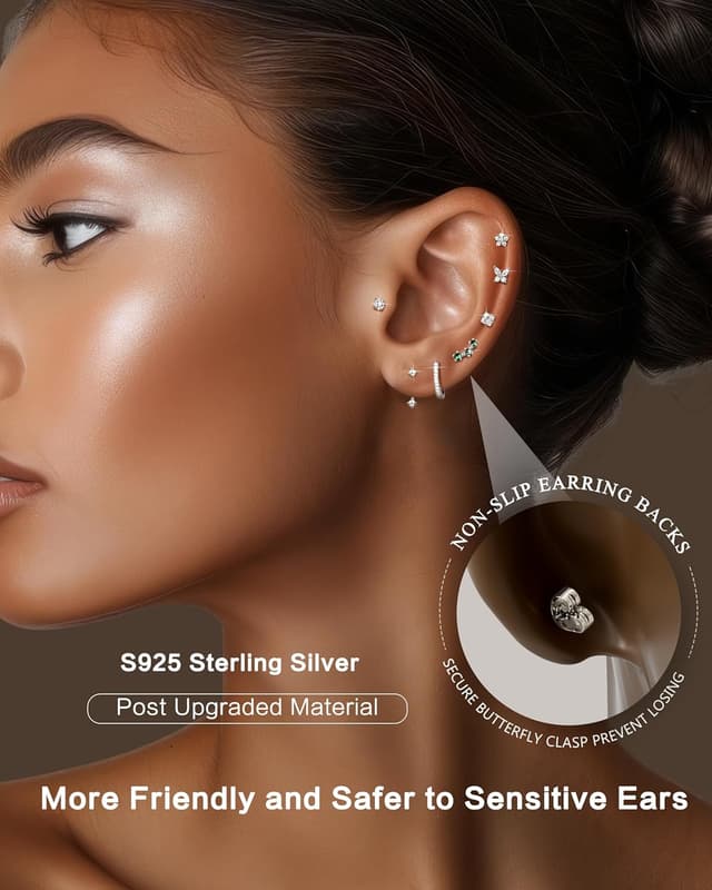 Detalle de Roheafer S925 Sterling Silber Ohrringe-Set mit 14K vergoldeten Ohrsteckern, Opal/CZ & Huggie Creolen (7 Paar)