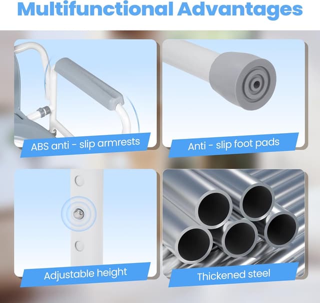 Detalle de Careboda Toilettenstuhl für Senioren mit Armlehnen – stählerner Rahmen, 5 Höhen, bis 136 kg, 7,1-l-Auffangbehälter