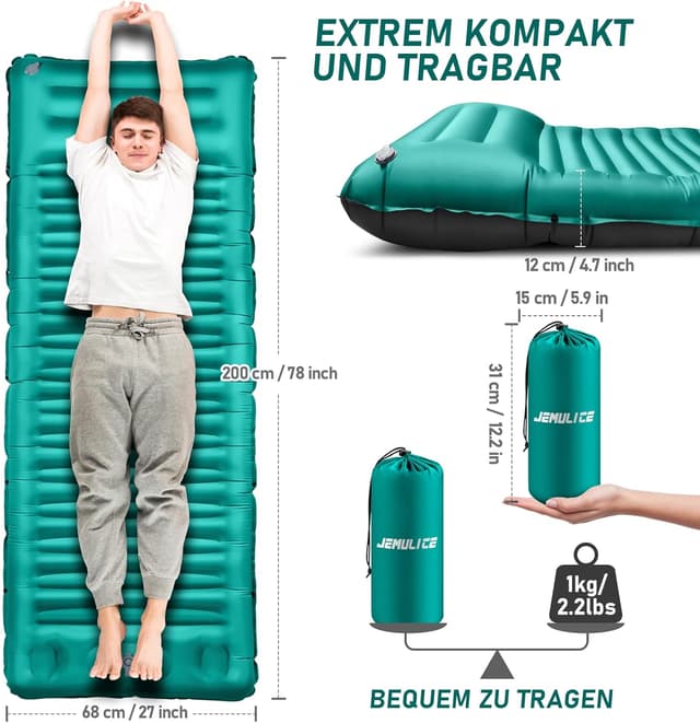 Detalle de JEMULICE Isomatte Camping 12 cm ultradick mit Fußpumpe – ultraleicht & kleines Packmaß für Zelt und Wandern