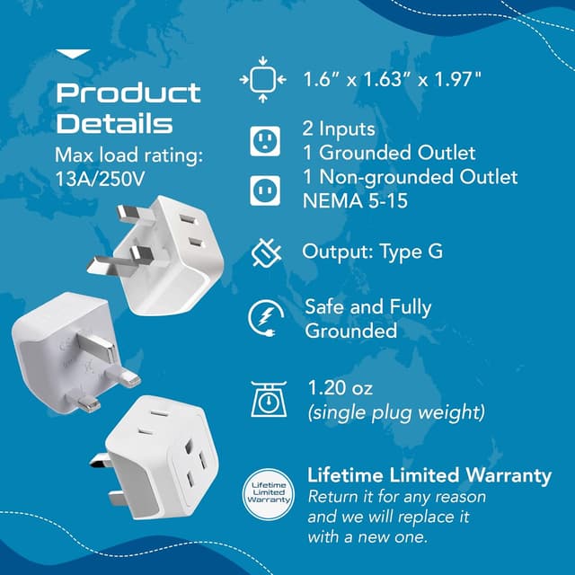 Detalle 2 de Ceptics UK Travel Adapter 3-Pack 🛫